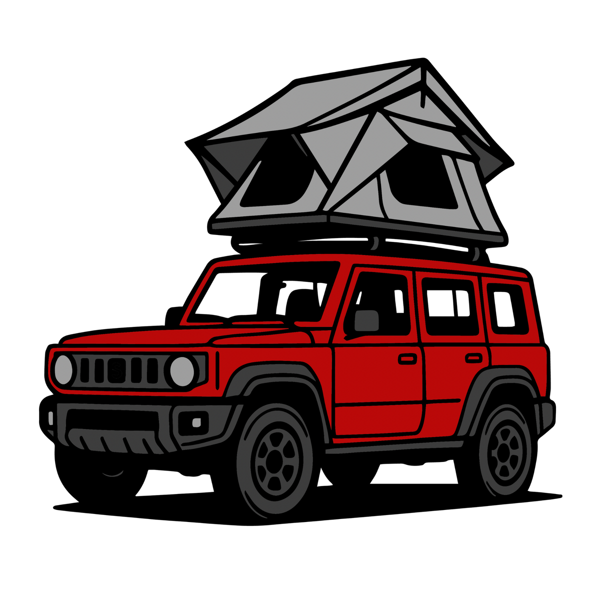 Red SUV with a gray rooftop tent on a white background