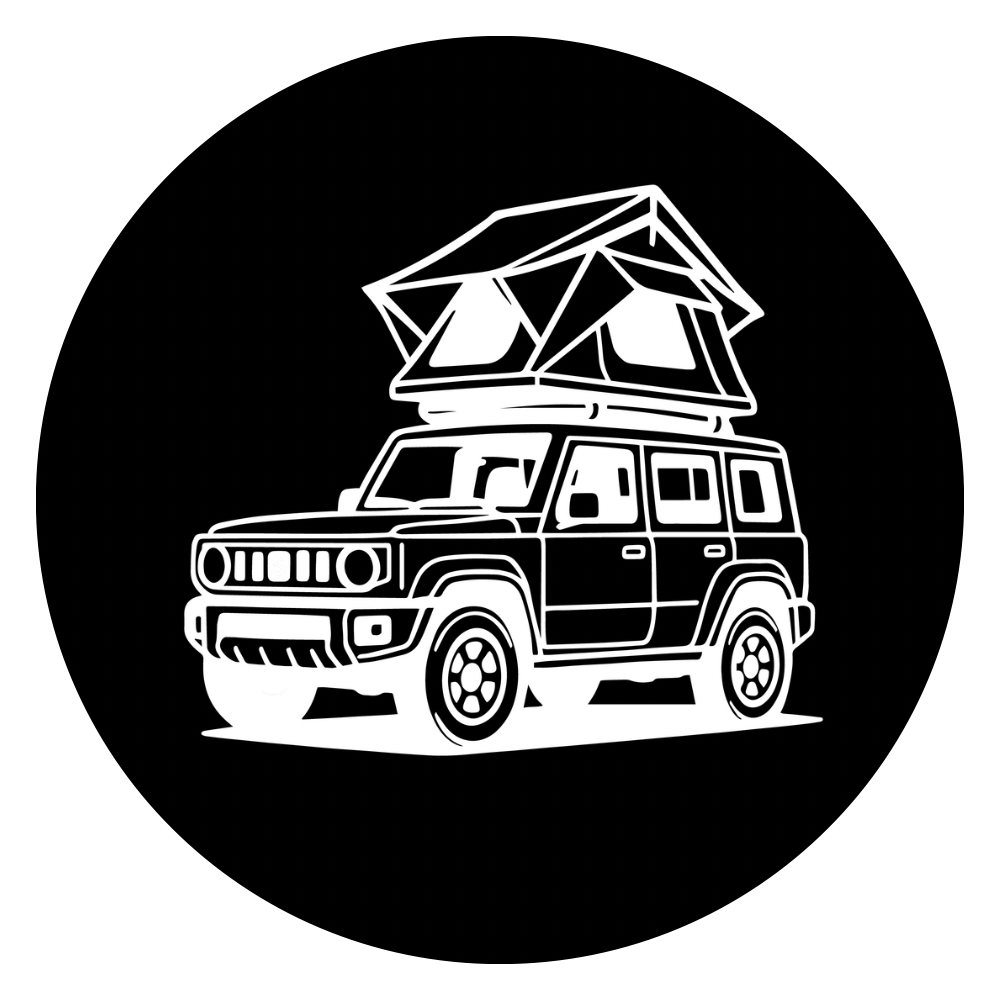White outline of a SUV with a rooftop tent on a black background